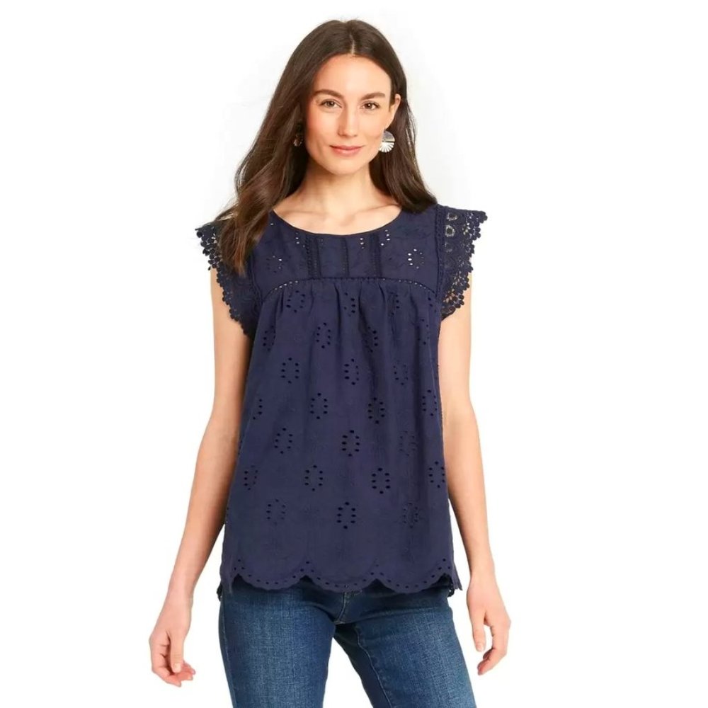 Knox Rose Target NWT Short Sleeve Eyelet Lace Blouse Navy Blue Women’s Small